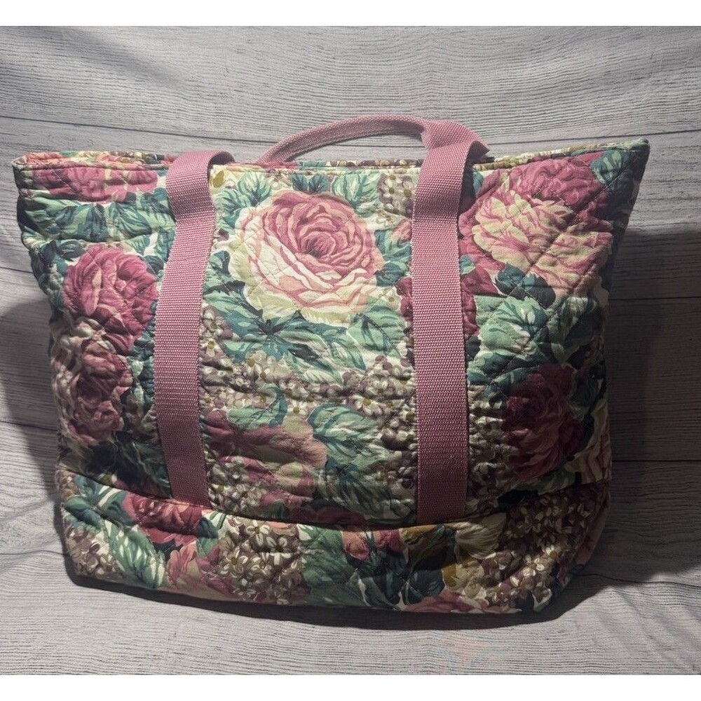 Vintage Quilted Tote Bag Duffle Carryall Cottagecore Beach Plastic Liner Purse